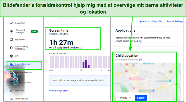 Skærmbillede af Bitdefenders dashboard til forældrekontrol