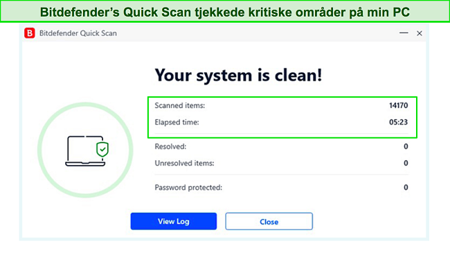 Skærmbillede af Bitdefender hurtig scanningsresultat