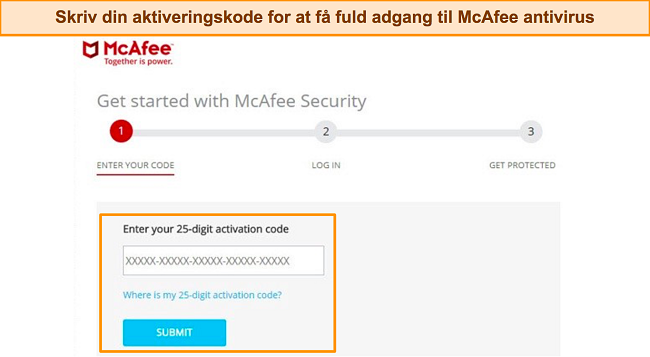 Skærmbillede af McAfees appaktiveringsside