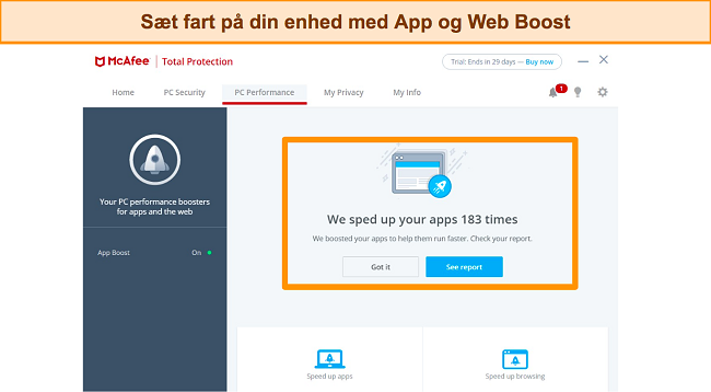 Skærmbillede af McAfees App og Web Boost-funktion