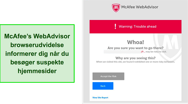 Skærmbillede af McAfee WebAdvisor, der blokerer trusler