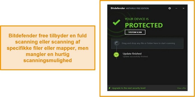 Skærmbillede af Bitdefender gratis antivirus dashboard.