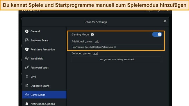 Screenshot der TotalAV-Antivirus-Software mit aktiviertem Spielmodus für ungestörtes Gaming