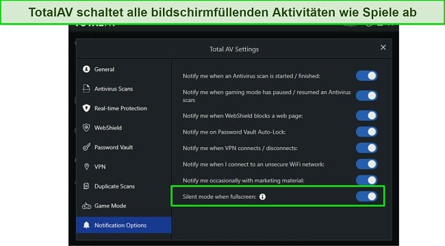 Benachrichtigungseinstellungen von TotalAV mit einer Option für den Lautlos-Modus