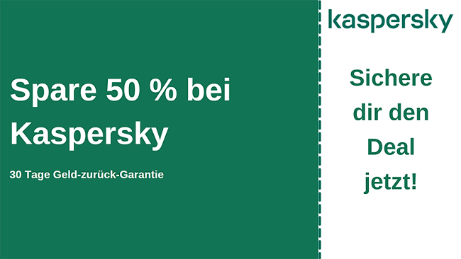 Kaspersky Antivirus-Gutschein mit 50% Rabatt und 30-tägiger Geld-zurück-Garantie