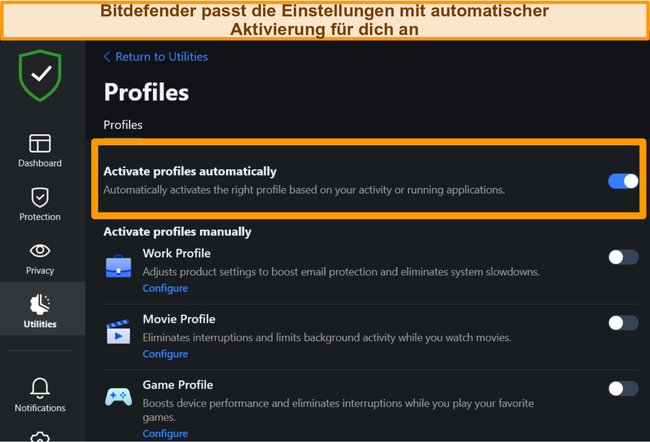 Screenshot der Profileinstellung von Bitdefender mit hervorgehobener automatischer Aktivierung.