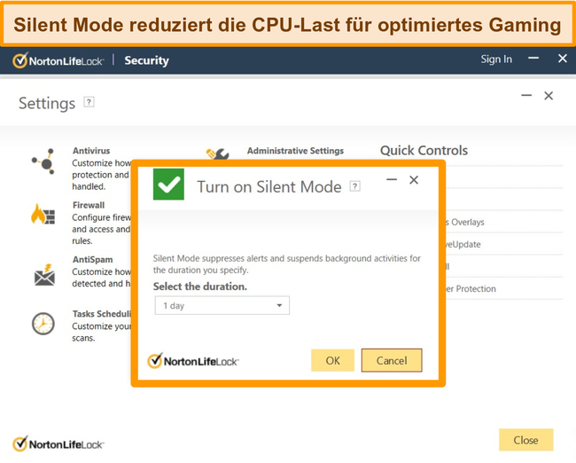 Screenshot des aktivierten Silent-Modus von Norton.