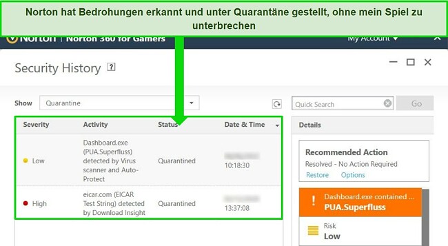 Ein Norton Antivirus-Warnfenster zeigt eine unter Quarantäne gestellte Datei mit Datum