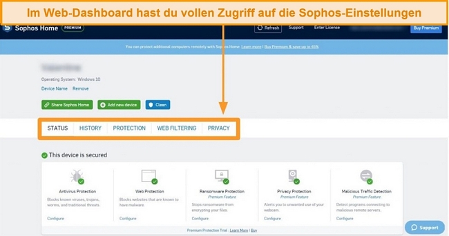 Screenshot des webbasierten Dashboards von Sophos