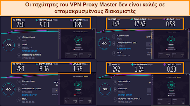 Στιγμιότυπο οθόνης των αποτελεσμάτων δοκιμής ταχύτητας Master Proxy VPN σε 4 τοποθεσίες