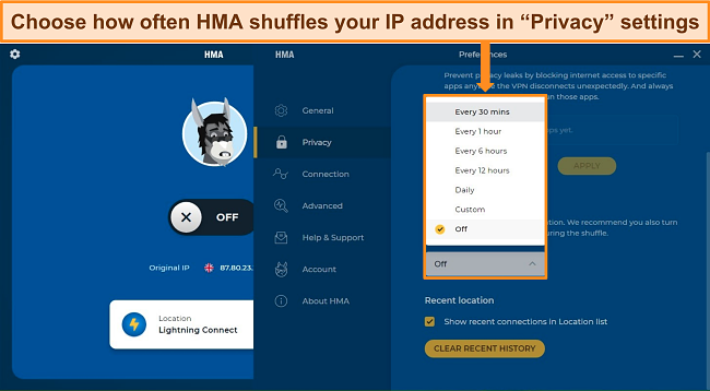 Alt text: Screenshot of HMA Windows app's IP Shuffle settings.
