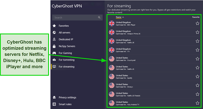 A screenshot of CyberGhost's optimized streaming servers. Affiliate link: CyberGhost
