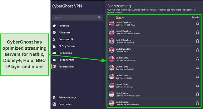 A screenshot of CyberGhost's optimized streaming servers. Affiliate link: CyberGhost
