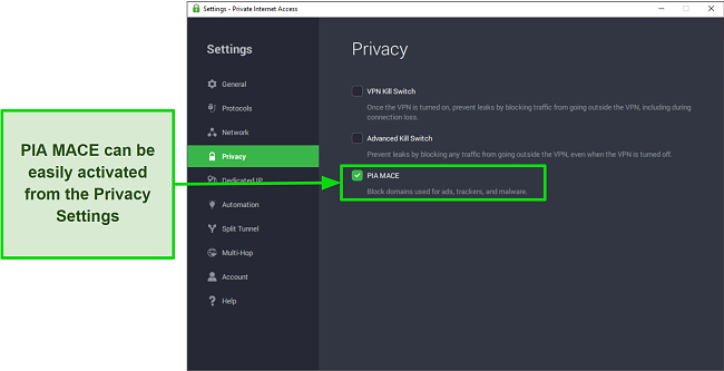 A screenshot of PIA's Privacy Settings with a highlight on PIA MACE.