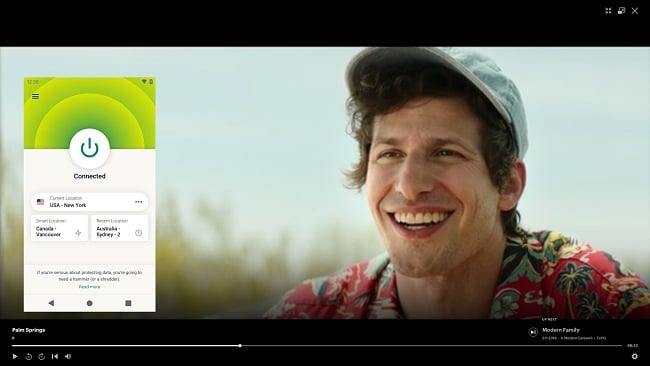 Screenshot of ExpressVPN connecting to a US server and streaming Palm Springs on Hulu