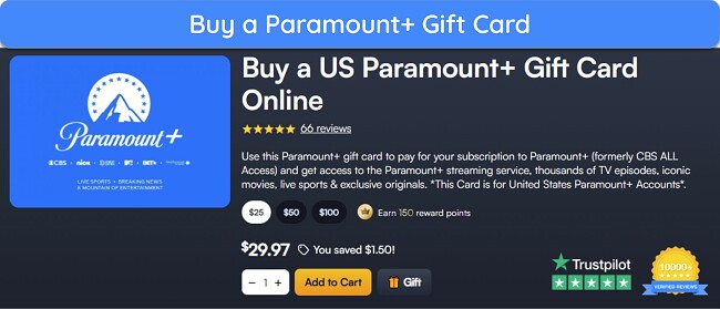 Displaying a website where people can buy Paramount+ gift cards.