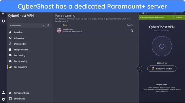 Screenshot of CyberGhost's Paramount+ US streaming server.