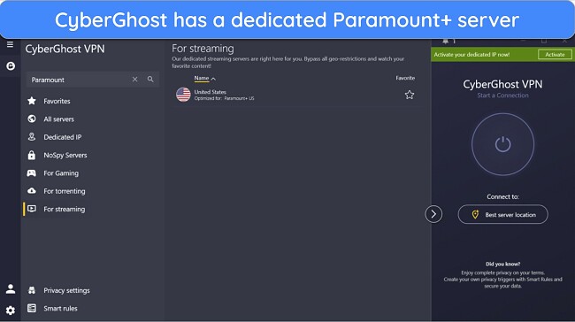 Screenshot of CyberGhost's Paramount+ US streaming server.