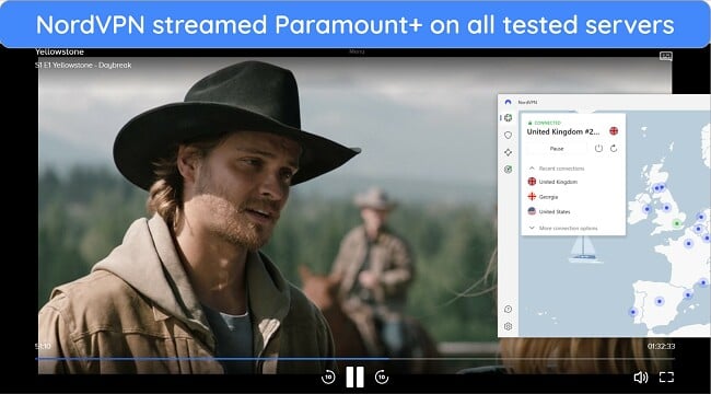 NordVPN connected to a UK server and streaming Yellowstone on Paramount+.