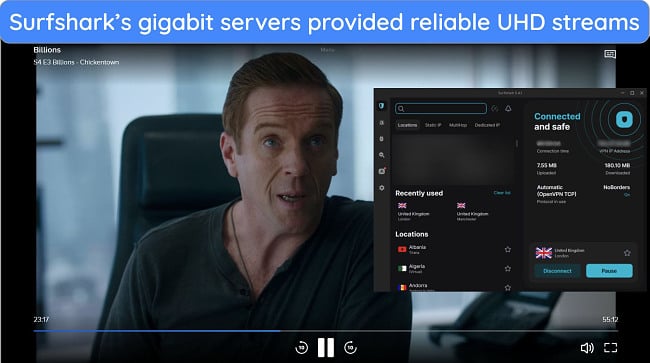 Surfshark connected to a UK server and streaming Billions on Paramount+.