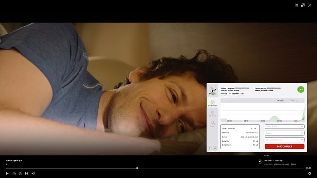 Captura de pantalla de Ipvanish que se conecta a un servidor estadounidense y desbloquea el espectáculo Palm Springs en Hulu