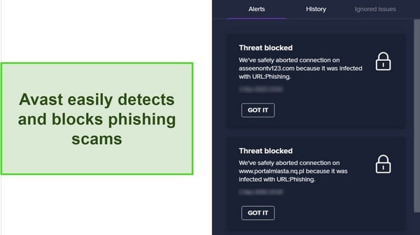 Screenshot of Avast phishing protection