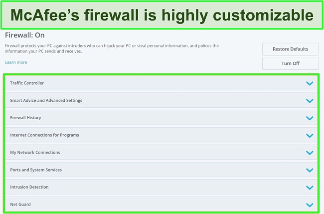 Screenshot of McAfee's firewall.