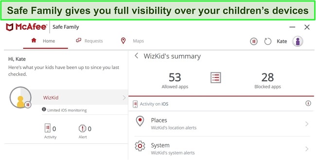 Screenshot of McAfee's Safe Family feature.