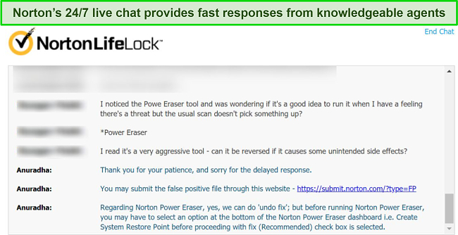 Screenshot of Norton live chat agent processing a refund request quickly and efficiently.