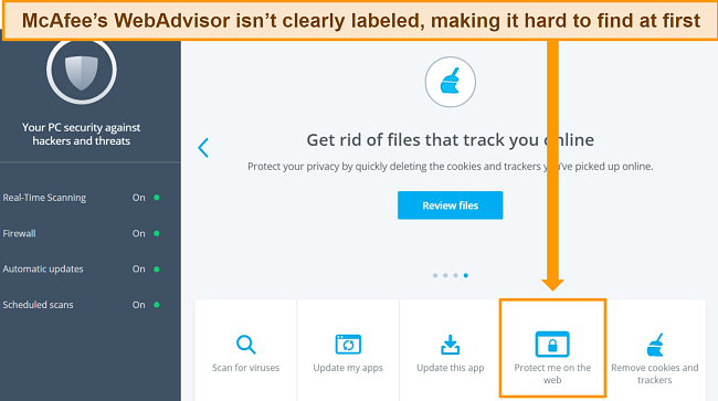 Screenshot highlighting McAfee's WebAdvisor feature labeled as 