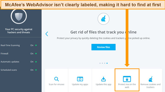 Screenshot highlighting McAfee's WebAdvisor feature labeled as