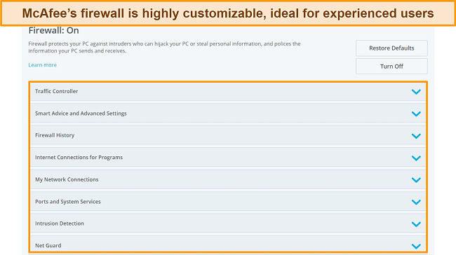 Screenshot of McAfee's firewall highlighting its high level of customizable options.
