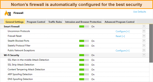 Norton security customization options screenshot