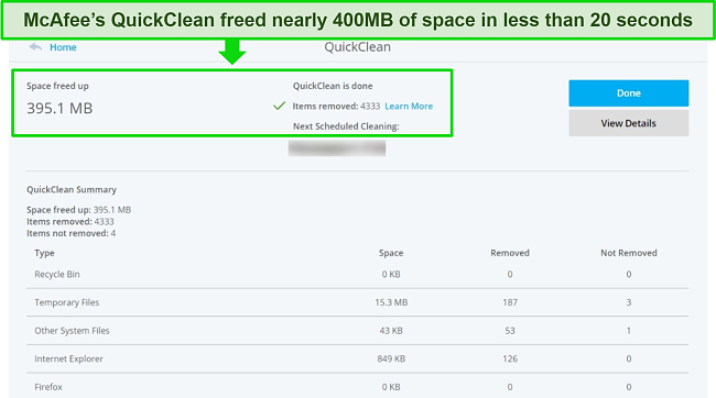 Screenshot of McAfee's QuickClean feature freeing up almost 400MB of space on a Windows PC.