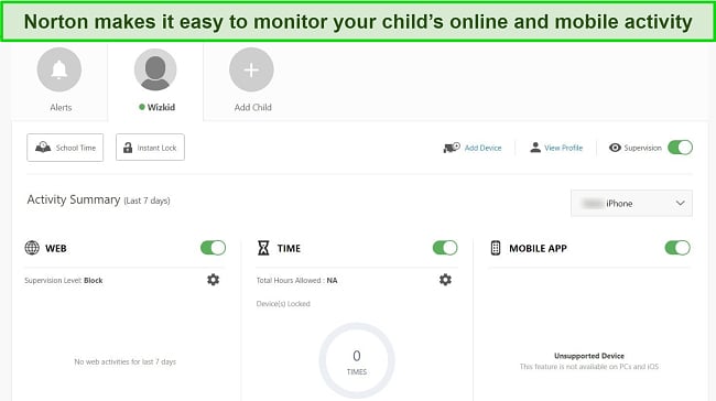 Screenshot of Norton's parental controls app interface.