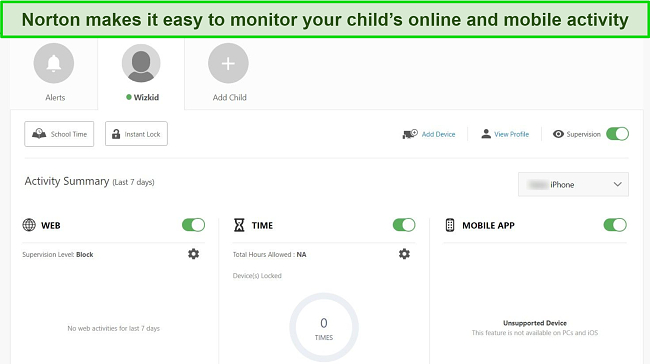 Norton parental control user interface screenshot