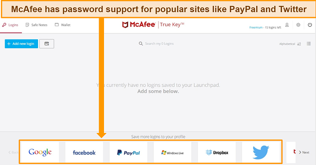 Screenshot of McAfee's True Key password manager interface.