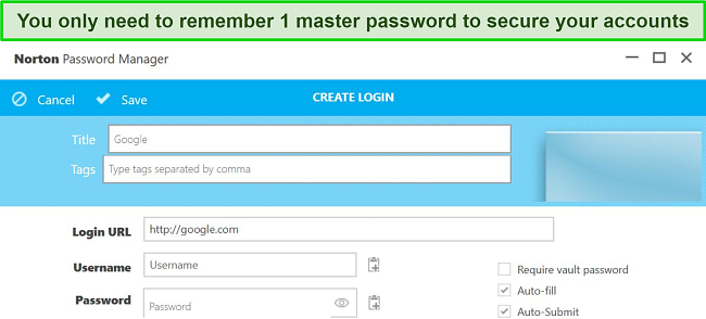 Screenshot of Norton's password manager interface.