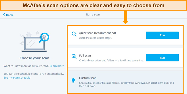 Screenshot of McAfee's scan options on its Windows app.