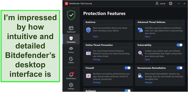 Screenshot of Bitdefender's Windows interface.