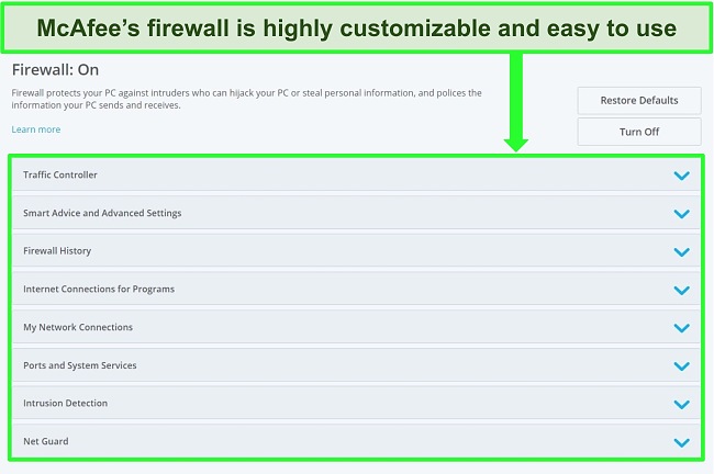 Screenshot of McAfee's firewall with customizable settings highlighted.