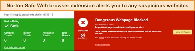 Screenshot of Norton 360's Safe Web feature blocking access to a suspicious website.