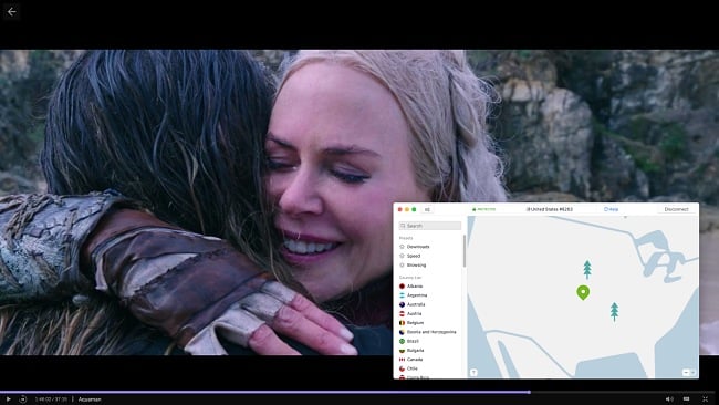 Screenshot of NordVPN connecting to a US server and unblocking the movie Aquaman on HBO Max
