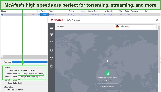 Screenshot of McAfee Safe Connect VPN connecting to a server.