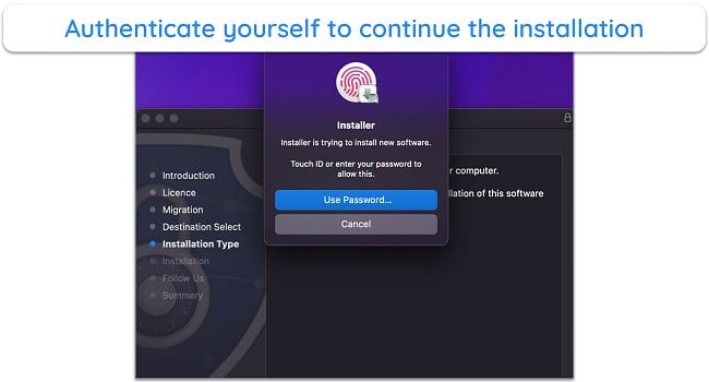 Screenshot showing how to authenticate yourself to install Intego on macOS