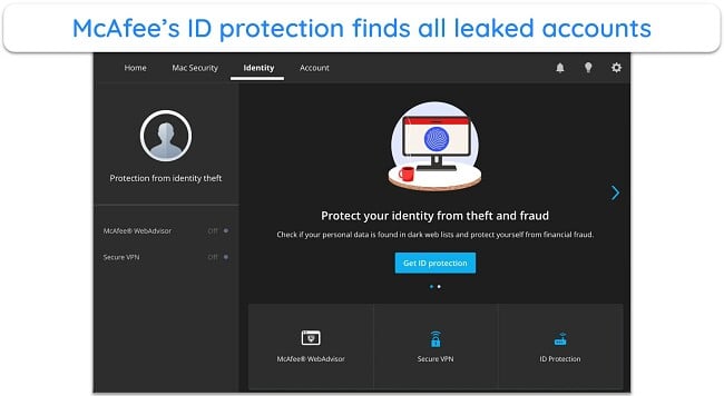 Screenshot of McAfee's ID protection feature
