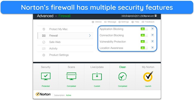 Screenshot showing the security features in Norton's firewall