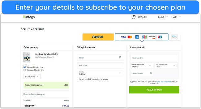 Screenshot showing how to subscribe to an Intego plan