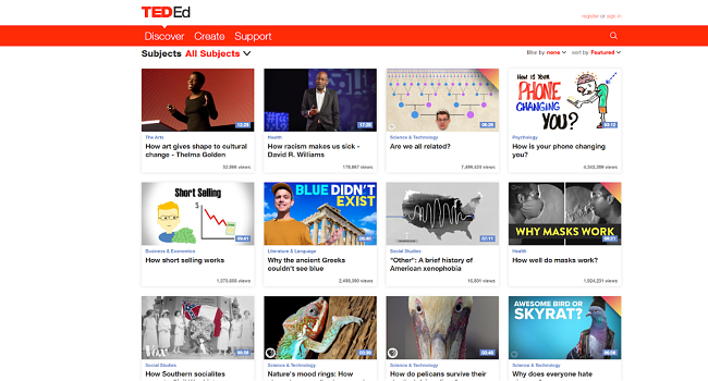 Screenshot of the list of available lessons on Ted-Ed
