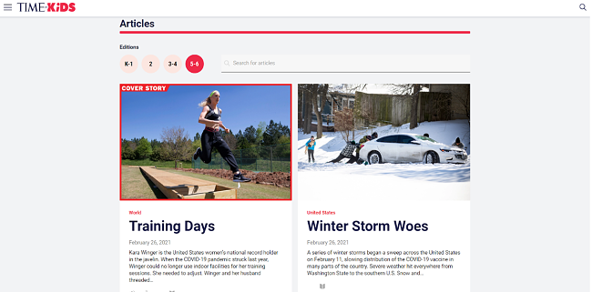 Screenshot of articles on TIME for Kids website